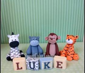 2.25" Animal Cake Topper - Handmade Safari Fondant Cake Topper with Name Blocks = 4 Pcs
