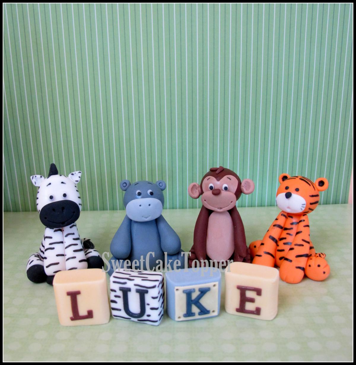 2.25" Animal Cake Topper Handmade Safari Fondant Cake Topper With Name Blocks = 4 Pcs on Luulla